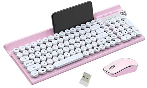 Wireless Keyboard and Mouse Combo,2.4Ghz USB Rechargeable Keyboard with Phone Holder,Full Size Keyboard and Mouse Set for Computer,Laptop and Desktop (Pink)