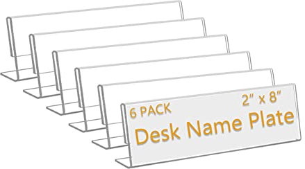 6 Pack 8W x 2H Acrylic Office Name Plates Name Labels for Desks, Horizontal Slant Back Clear Desk Sign Holder for Table Display