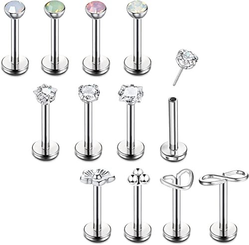 Adramata 12 Stück Lippenpiercing 16G Edelstahl Labret Monroe Nasenstecker Ohrpiercings für Frauen Männer Tragus Helix Conch Knorpel Ohrringe Lippe Piercing,8
