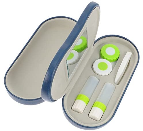 Case with Built-in Mirror, Tweezer and Solution Bottle - 2-in-1 Eyeglass and Lens Case Double Use Portable for Home Travel Kit