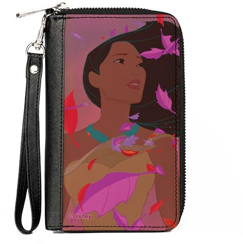 Buckle-Down Disney-Geldbörse, mit Reißverschluss, Pocahontas Farben des Windes, rosa Blätter, veganes Leder, 7.5x4.5, Casual