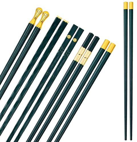5 Pares Palillos de Fibra de Vidrio Reutilizables, Palillos Chinos de Aleación Japoneses Chinos, Juego de Palillos Antideslizantes, 24,3 cm, para Platos Asiáticos Sushi Restaurante Cocina (Verde)