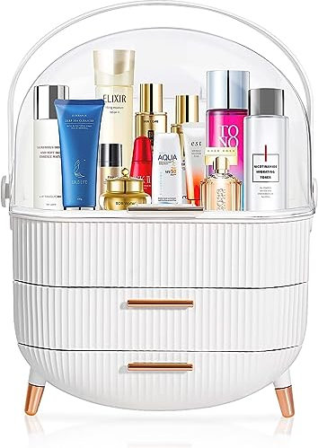 Makeup Storage Organizer, Skincare Organisers Cosmetic Display Case with Dust Free Cover Portable Handle, Waterproof Makeup Box for Vanity Countertop Bathroom Dresser- White