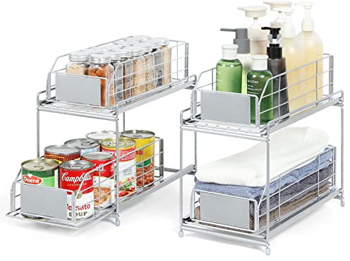 Under Sink Organizers Set of 2, Multi-purpose 2 Tier Under Sink with Sliding Storage Drawer, for Kitchen Laundry Room Bathroom Countertop Storage Cabinet Metal Basket (Sliver)