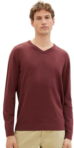 TOM TAILOR Herren Basic Pullover mit V-Ausschnitt aus Baumwolle, 32620 - Tawny Port Red Melange, XXL