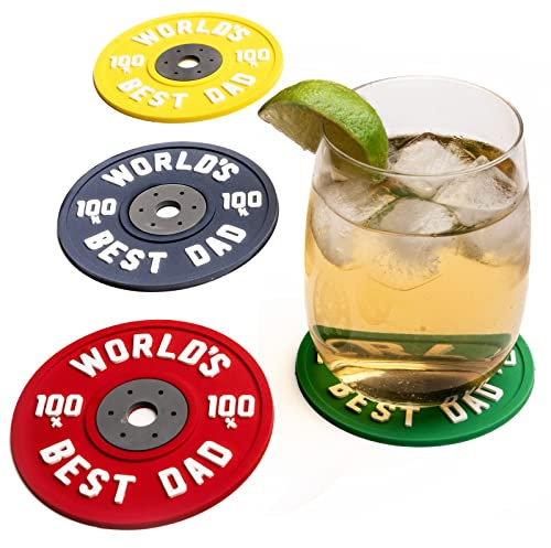 Soft PVC World’s Best Dad Coaster in the Style of a Weight Plate Unique Dad Gift, Birthday, For Dad, Present for Daddy from Son or Daughter Funny Novelty Gifts For Dad Set of 4