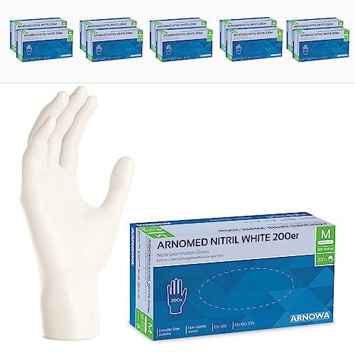 ARNOMED Gants nitrile jetables taille M, 2000 pièces (10 boîtes), gants en nitrile blanc, gant jetable non poudrés & sans latex, gants jetables, gants cuisine jetable en tailles S, M, L & XL