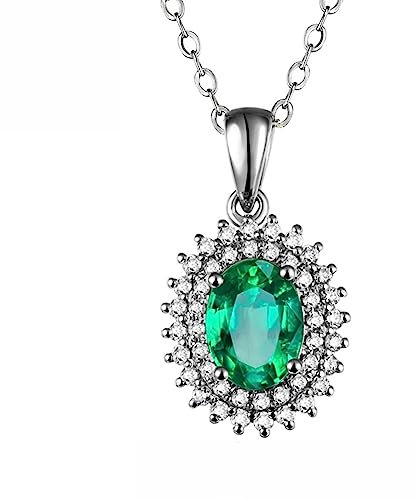 Kettenanhänger 750 Gold, Kette Damen Anhänger Weißgold Smaragd 1,18 ct Ovaler Smaragd mit 0,31 ct Diamant Jahrestag Geschenk für Sie