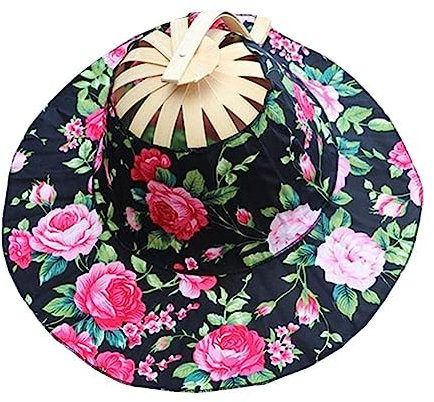 2 in 1 Foldable Hand Fan Hat for Women Sun Hat Summer Flower Chinese Style Bamboo Fan Sunhat for Travel Beach