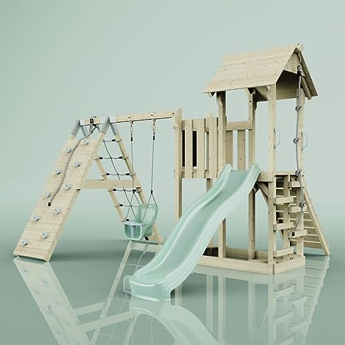 ReboOutdoor Spielturm mit Wellenrutsche | Klettergerüst mit Kinderschaukel, Kletterturm, Kletterwand, Kletternetz | Stabile Konstruktion, Weiches Gefühl in den Seilen