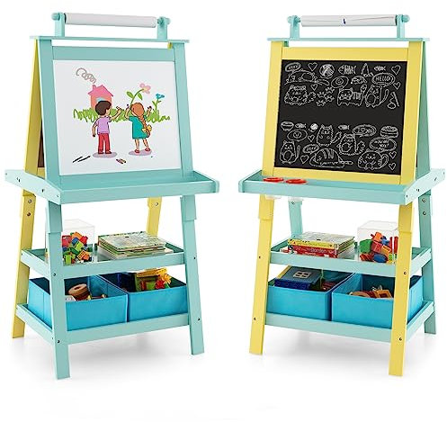 GOPLUS 3 in 1 Standtafel für Kinder, Magnetisches Whiteboard & Kreidetafel, Doppelseitiger Staffelei mit Aufbewahrungsbox, Maltafel, Schreibtafel, Kindertafel ink. Malpapier und Magneten (Blau+Gelb)
