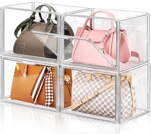 LINYAPRY 4 Packs Clear Plastic Handbag Storage Organizer for Closet, Large Acrylic Display Box for Handbag, Stackable Storage Boxes Bag Organizer with Magnetic Door for Purse Clutch Wallet Book Toys