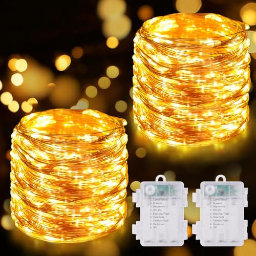 HOTUT Stringa Luci LED, 2*10M 100 LED Luci LED a Batteria, Luci Stringa Decorative Impermeabili, LED Luci Natale Interno ed Esterno, Catena Luminosa per Halloween, Compleanno, Matrimonio, Bianco Caldo