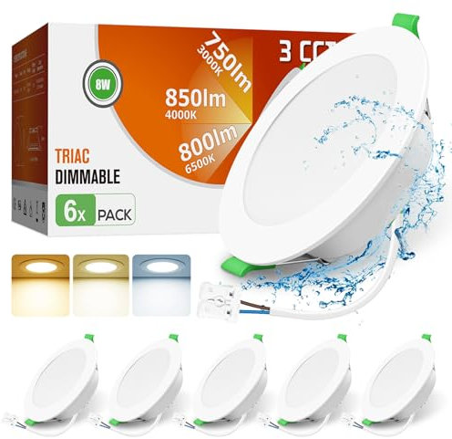 ALUSSO LED Einbaustrahler 230V Dimmbar LED Spots 8W 850LM Flache Deckenspots 3CCT 3000K Warmweiß 4000K Neutralweiß 6500K Kaltweiß IP44 Einbauleuchten für Badezimmer Küche Wohnzimmer, 6er Set