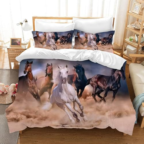Set di biancheria da letto per bambini, 135 x 200 cm, motivo cavalli, in microfibra, con chiusura lampo e federa 80 x 80 cm, per bambini, ragazzi, adolescenti (cavallo D, 220 x 240 cm)