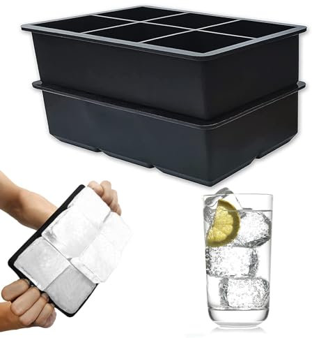MEGAROOM Premium Ice Cube Tray - 2 Pcs 6 Grid Ice Cube Moulds Set - FDA Approved Food Grade Ice Molds - Flexible Silicone Ice Tray for Freezer, Odor Free - Parties, Drinks, Whiskey, Cocktails (Black)