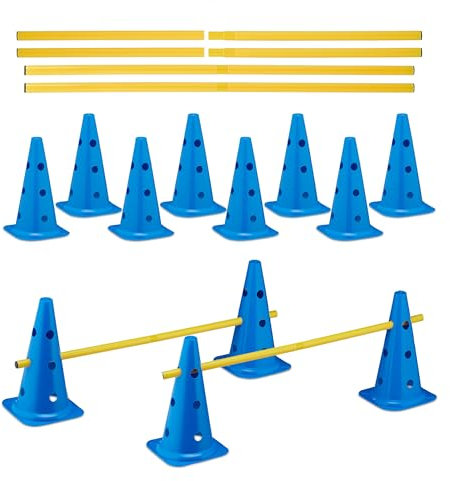 Relaxdays Set de 12 cônes et 6 Barres, 18 pièces pour l’Agility ou Le Football, Obstacles Chien, Bleu et Jaune