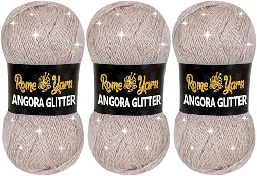 Rome Yarn Angora Glitter | 3 x 100g | Glitzerwolle | Wolle mit Glitzer | Metallic Simli Garn zum Stricken und Häkeln & Kleidung Effektwolle Strickwolle (762)