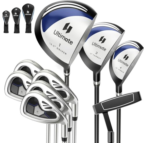 COSTWAY Juego Completo de Palos de Golf de 9 Piezas para Hombre, Driver De Aleación, Madera de Calle 3#, Híbrido 4#, Hierros 6#, 7#, 8#, 9# Y P#, Putter y Fundas para Cabeza (Azul)