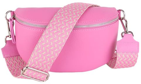 MIRROSI® Bauchtasche Damen, Echtleder, Made in Italy, Umhängetasche, Brusttasche, Crossbody Bag (1 Tasche & 2 Gurte) (BabyRosa (Flecht Babyrosa), Große Tasche (28x18x9cm))