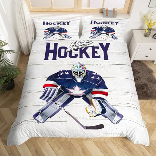 Eishockey Bettbezug Set M Größe,Hockey Spieler Bettwäsche Set Kinder Jungen Teens Männer Zimmer Dekor,Winter Ice Sport Spiele Tröster Bezug Retro Weiß Navy Holz gestreift Quilt Cover,1 Kissenbezug