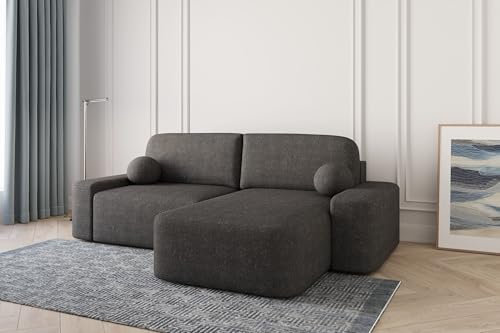 Ecksofa Lisbon – Ottomane beidseitig montierbar, Ecksofa aus Bouclé, Couch für Wohnzimmer, Schlafsofa Sofagarnitur Sofa Eckcouch L-Form mit Bettkasten und Schlaffunktion - (Schwarz (Anthology 19))