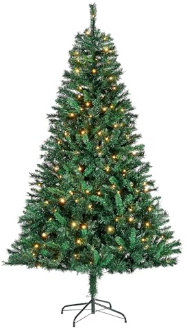 WeRChristmas 6ft Pre-Lit Mixed Pine Christmas Tree | 521 Mixed PE & PVC Tips, 150 Warm White LEDs, 8 Light Modes, 94cm Diameter, Folding Metal Stand, 1.8m Tree