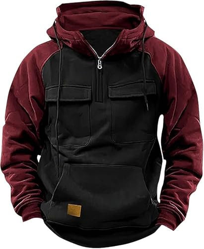 PADOLA Pullover Herren 1/4 Zip Hoodie Cargo Arbeitspullover mit Multi-Taschen Vintage Kapuzenpullover Retro Fleecepullover Langarm Sweatshirt mit Fleece Übergangsjacke Winter (M, Schwarz Rot)