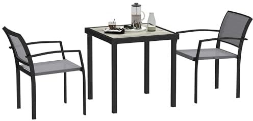Outsunny Sitzgruppe 3 TLG. Essgruppe für 2 Personen Esstisch mit 2 Stapelbare Stühle, Bistroset Esszimmergruppe Küchentisch-Set mit Stahlgestell Balkonmöbel Gartenmöbel für Terrasse, Balkon Grau