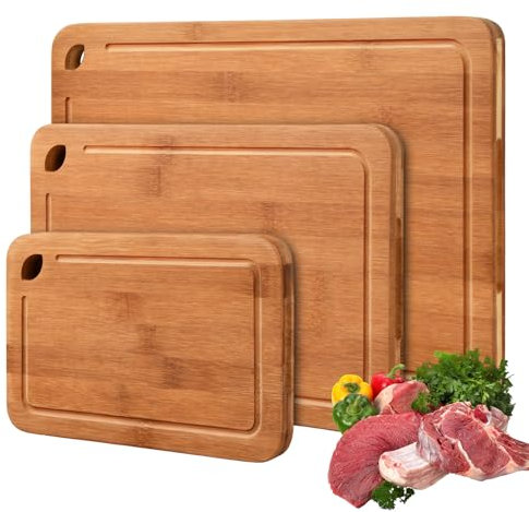 Tagliere Legno Set Taglieri Cucina in Bamboo Grande, Medio y Piccolo Tagliere da Cucina Professionale Antibatterico Taglieri Bambu Resistenti per Pane, Aperitivo, Carne e Verdure (Marrone)