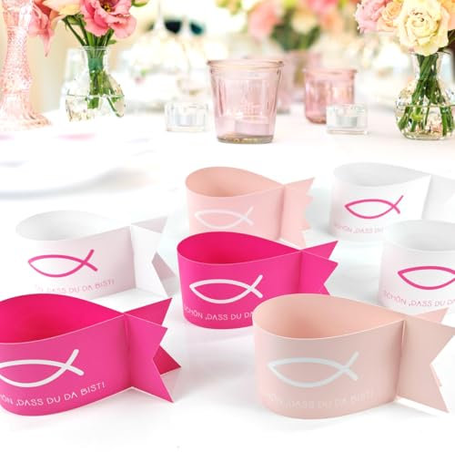 VOPIWOZ 36 Stück Deko Fische Kommunion Junge, Tischdeko Konfirmation, Rosa Hellrosa Weiß Fische Deko für Erstkommunion Deko, Taufe Deko, Hochzeitsdeko, Schön Dass du da Bist Geschenk