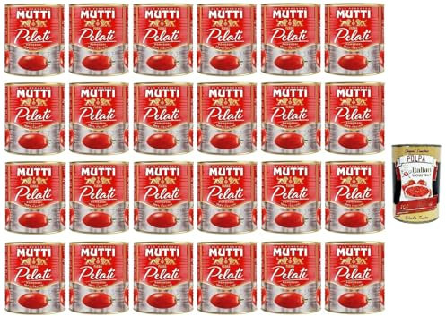 Mutti Pomodori Pelati Tomates pelées 100% tomates italiennes, 24x 800g Canette de sauce aux tomates + Italian Gourmet polpa 400g