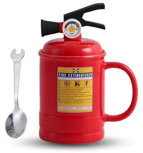 VELCUMA Feuerlöscher Kaffeetasse – 3D Keramikbecher mit Deckel – 500ml Geschenk für Feuerwehrmänner, Männer, Frauen & Kinder