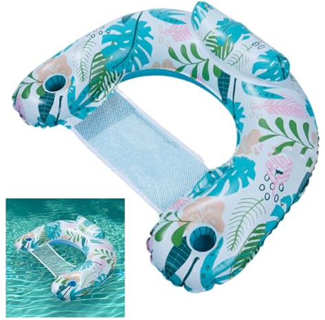Chaise flottante de piscine gonflable pour adultes – Hamac d'eau amélioré 2025 avec appuie-tête et deux porte-gobelets, chaise longue pliable à coussin d'air pour piscine, plage et lac (imprimé