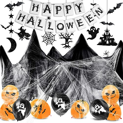 HUKUMA Halloween Deko Set, Gruselig Party Stoff, Horror HAPPY HALLOWEEN Girlande,Halloween Dekoration Set,Hängende Spiralen, Fledermäuse, Spinnen, Spinnennetz, Geistervorhang