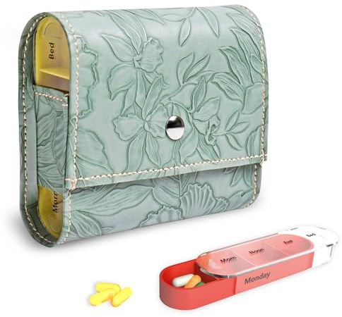 Czzmy 7 Jours 28 Compartiments Pilulier,Semainier avec étui en cuir PU pour les Voyages,Journalier-Résistance à l'humidité(1-Vert sculpté 1)