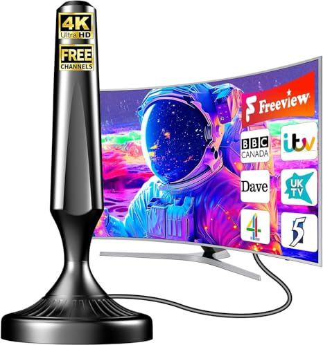 Indoor TV Aerial – Long Range Digital HDTV Aerial with 360° Reception, Magnetic Base, 4K 1080P HD Support, Easy Setup for Smart & Older TVs, 16.5ft Coaxial Cable – Free Local Channels