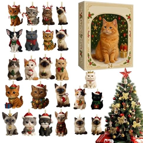 Kätzchen Adventskalender 2025, 24 Tage Weihnachten Adventskalender, 24x 2D Acrylic Sammlerstück Niedlicher Katzenanhänger, Katze Charm Weihnachtsbaum Dekoration Für Tierliebhaber, Sammler, Kinder