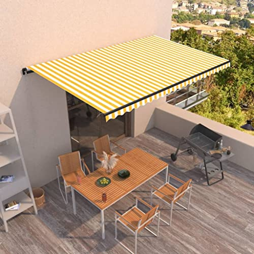 Manuelle Einziehbare Kassettenmarkise 500x350 cm, UV- & Wasserbeständiger Sonnenschutz für Balkon und Terrasse, Gelb-Weiß Gestreiftes Polyestergewebe