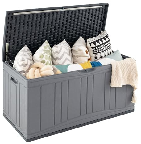 COSTWAY Gartenbox 300L, Auflagenbox mit abschließbarem Deckel & Gasdruckfedern, Aufbewahrungsbox wetterfest, Kissenbox Outdoor für Paketzustellung, Gartengeräte, Kissen & Poolzubehör (Grau)