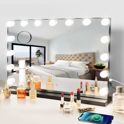 Depuley Hollywood Schminkspiegel mit Beleuchtung, Spiegel mit Licht 15 immbare LED Leuchten, USB, 3 Farbtemperatur Licht, Touch-Steuerung, schwarz Kosmetikspiegel für Schminktisch Salon, 58x45cm