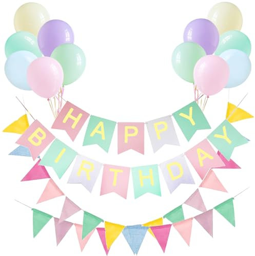 Happy Birthday Banner & Birthday Bunting,26 ft Nylon Pennant Banners with 12 Macaron Latex Balloons Perfect for Birthday Party Home Festival Decoration
