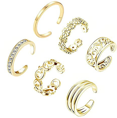 6 Stück Zehenring, Einstellbar Zehenringe, Offenen Zehenring Einstellbar, Stapelbar Offener Ringe, Offene Ringe Set, Verstellbare Fingerringe, Böhmischen Vintage, für Damen, Mädchen (Golden)