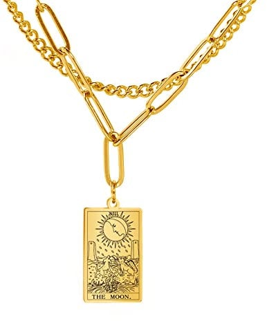 Amaxer Rider Waite Tarot Karte Halskette Retro Lucky Amulett Charm Anhänger Edelstahl Vintage Schmuck (XVIII-The Moon-Gold)