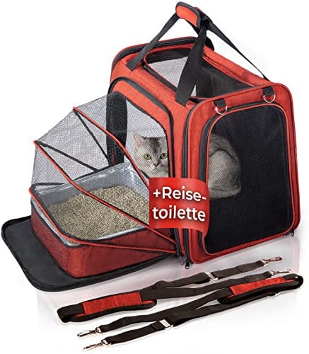 YOU DECIDE MUNICH Katzentransportbox [mit Katzenklo] Katzentransporttasche Katzentasche auch große Katzen, Tragetasche mit Katzentoilette , Box Auto Reise faltbar CAT´S Premium Suite rot