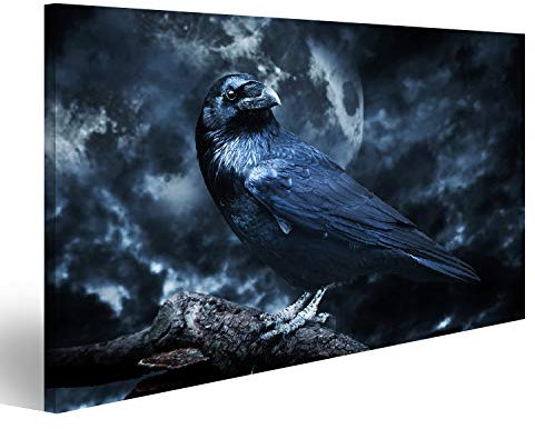 Bild auf Leinwand Schwarzer Rabe Mondlicht Baum Gruselig Gruselig Gothic Setting Bewölkt Nacht Vollmond Halloween Wandbild Poster Kunstdruck Bilder
