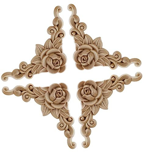for FACULX 4pcs Wood Carved Mouldings Applique Corner Decal Onlay Wood Embellishments for Crafting Furniture Home, Handcrafted Door Cabinet Cupboard Furniture Rose Unpainted Sculptures