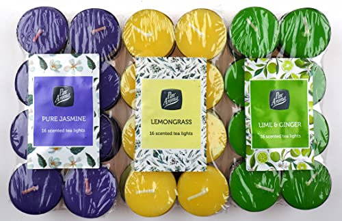 Pan Aroma Tea Lights Scented Candles - Set Of 48 - Jasmine, Lemongrass, Lime & Ginger