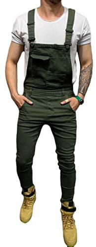 ORANDESIGNE Herren Jeans Latzhose Lange Jeanshose Jumpsuit Suspender Pants Retro Denim Bib Skinny Fit Streetwear Stone-Washed Zerreißen Arbeitshosen Qualität mit Taschen E Grün L