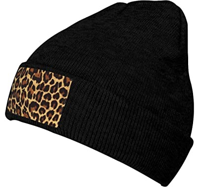 lYonge Strickmütze mit Leopardenmuster, schwarz, Winter, dick, warm, bequem, Strickmütze für Damen und Herren, Alltag, Outdoor, Reisen